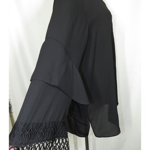 Sioni Black Georgette Flowy Crochet Trimmed V Neck Blouse Size XL - Picture 2 of 7